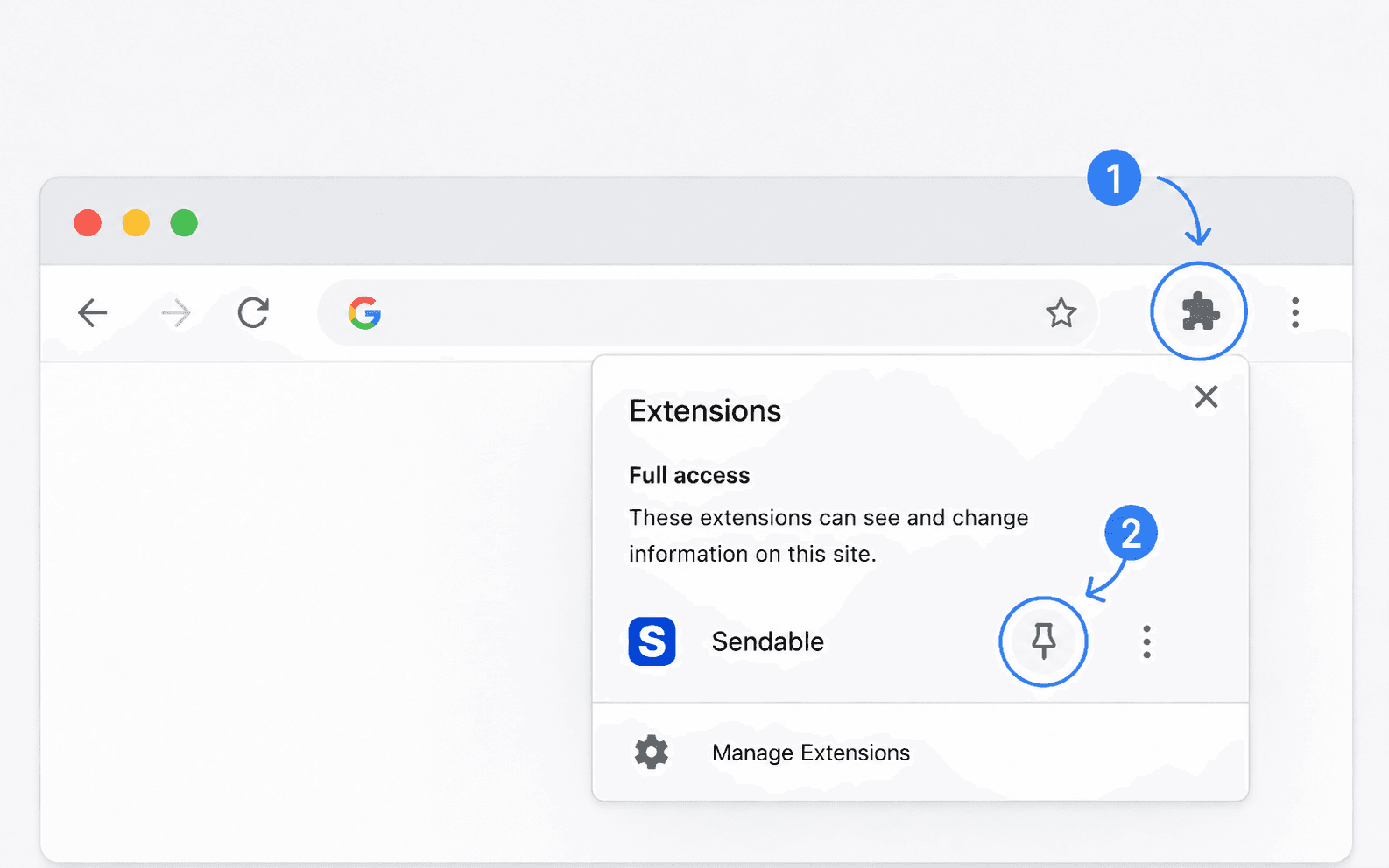 Pin Sendable in the Chrome extensions menu